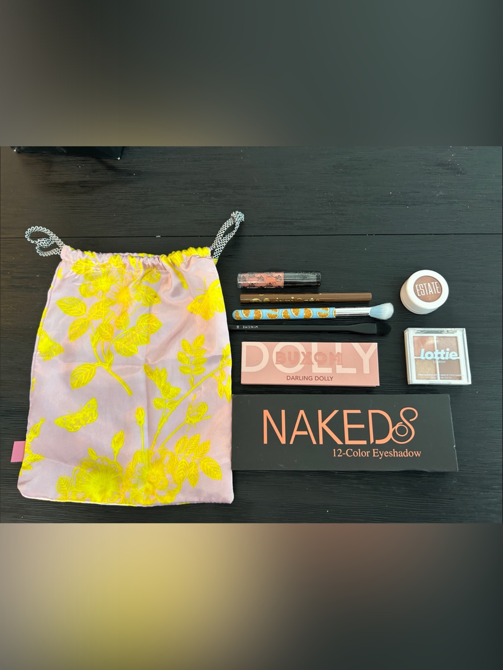 Makeup Bundle with Pink & Bright Yellow Floral Drawstring Bag